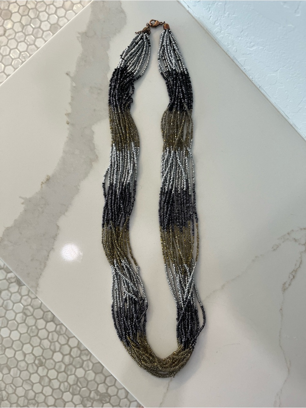 Anthropologie Multi Strand Glass Seed Bead Necklace | Silver Blue Gold Boho